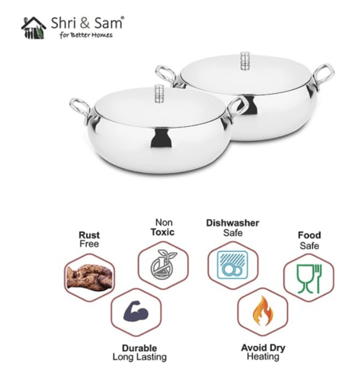 Shri & Sam High Grade Stainless Steel Marina Serving Bowl Set with Lid, 17 cm Each - Image 2